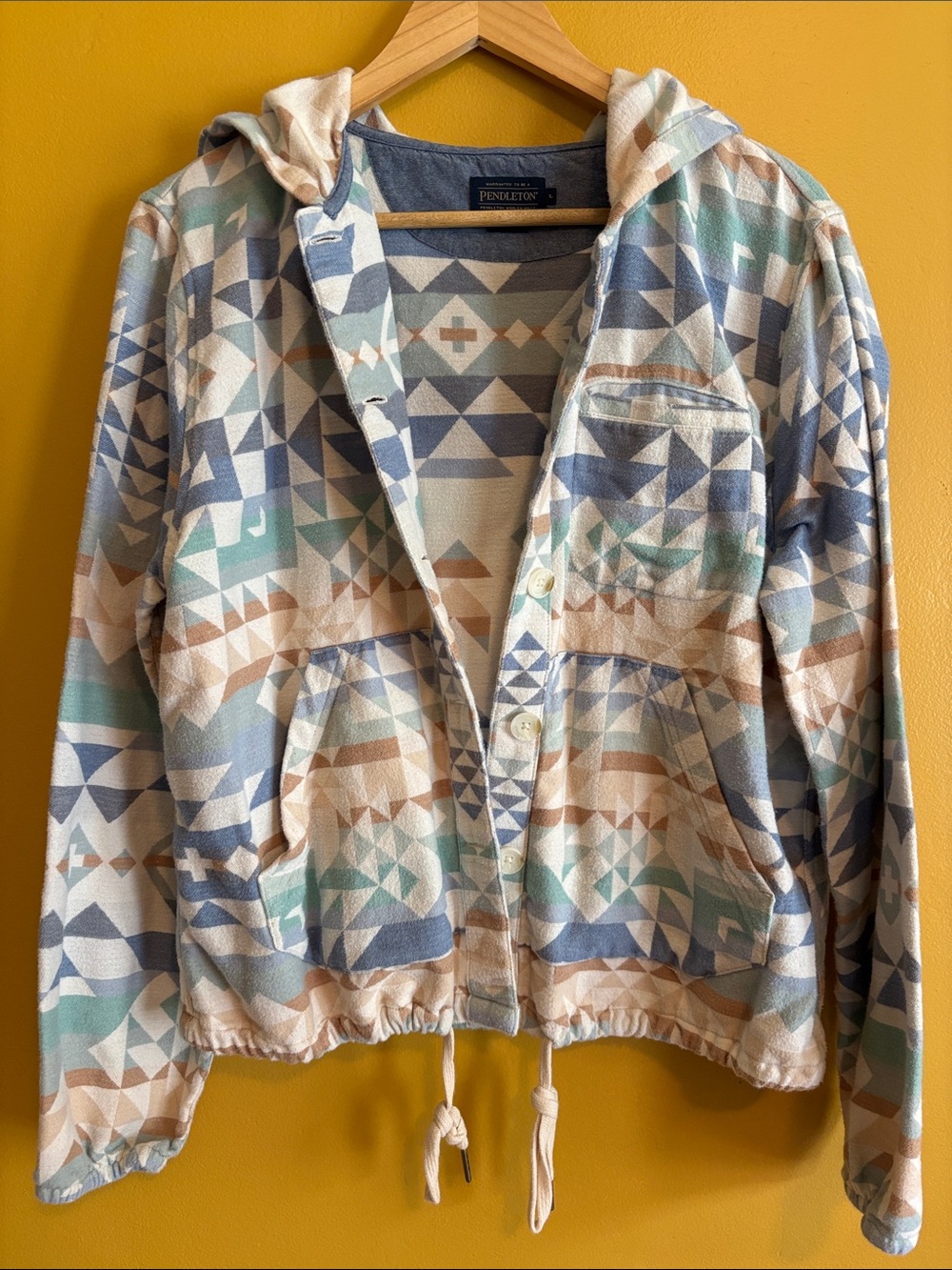 Pendleton Hooded Bomber Jacket in Cream, Blue & Mint
